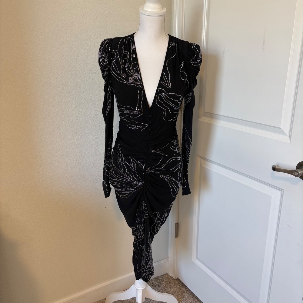 Rococo Sand Dream Black Rhinestone Floral Ruched Midi Dress Long Sleeve V-Neck S - Picture 2 of 8